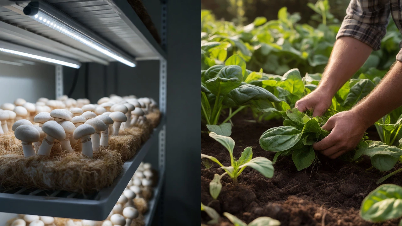 Split view of indoor mushroom shelves and outdoor spinach harvesting