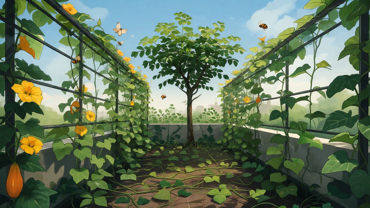 Vertical garden with Bitter Gourd and Moringa on a terrace