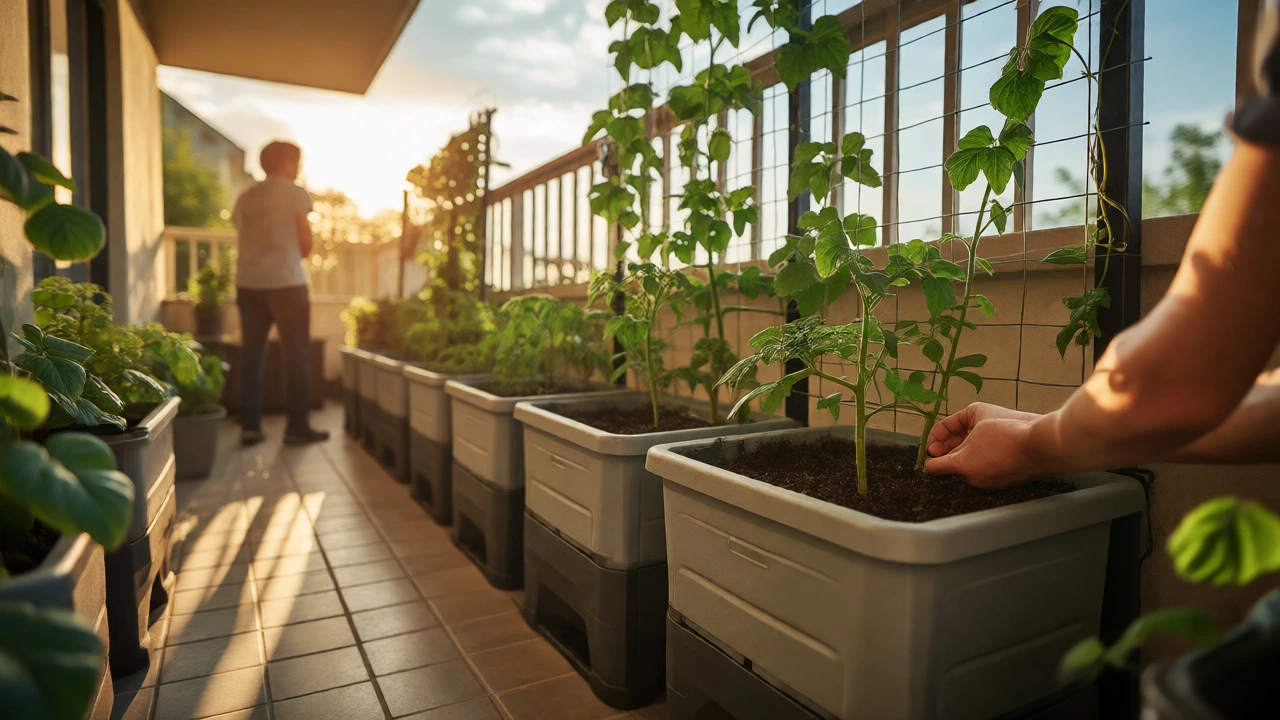 Vertical modular garden beds on a narrow balcony