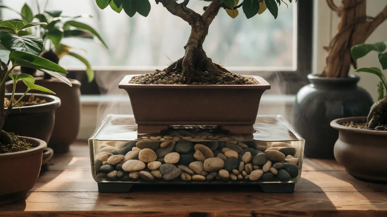 Bonsai tree sitting on a pebble humidity tray surrounded by other plants indoors.