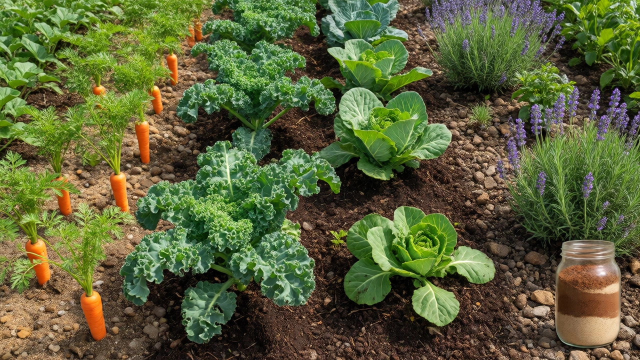 Carrots, kale, and herbs growing in varied soil types