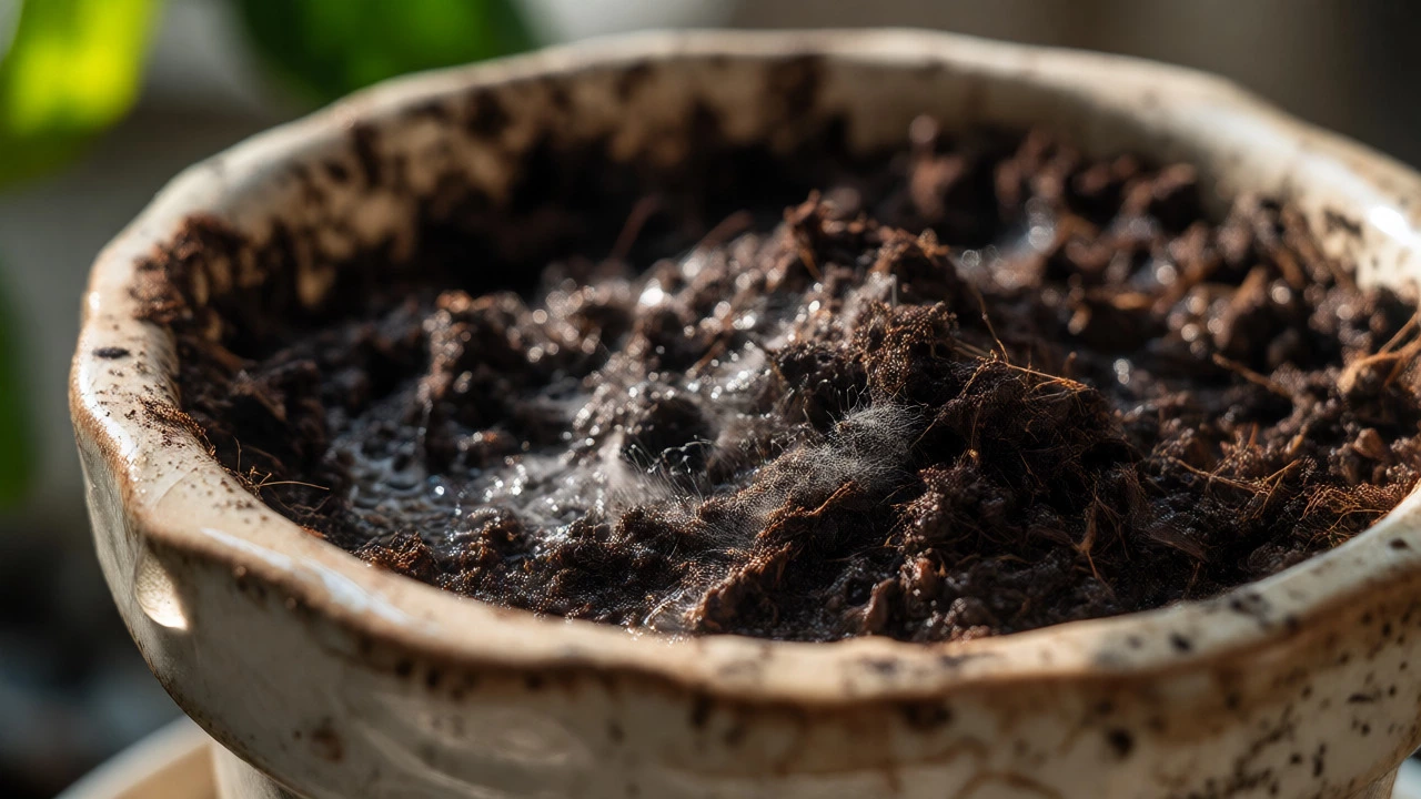 Close-up of mold spores growing on wet potting soil