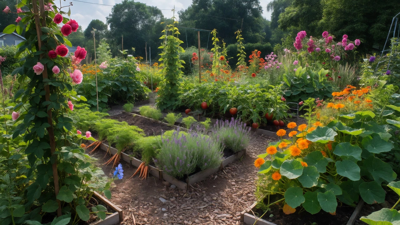 Cottage garden style mixing vegetables and flowers like roses, marigolds, and beans.
