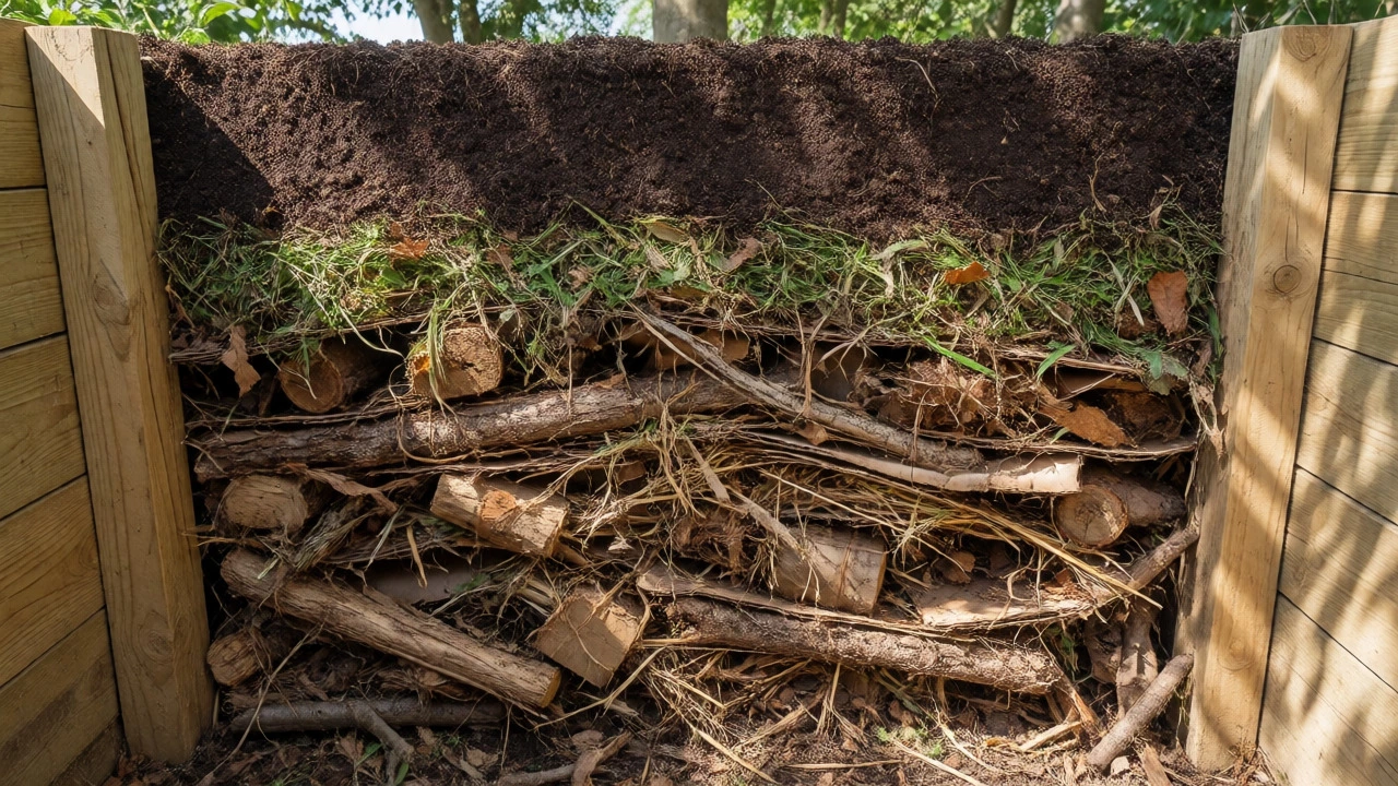 Cross-section of a raised bed showing lasagna-style soil layers