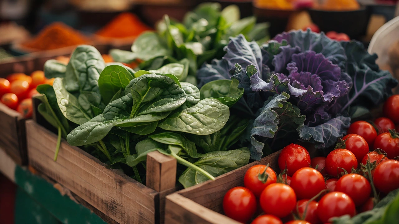 Fresh organic spinach, kale, and cherry tomatoes displayed in wooden crates at a market