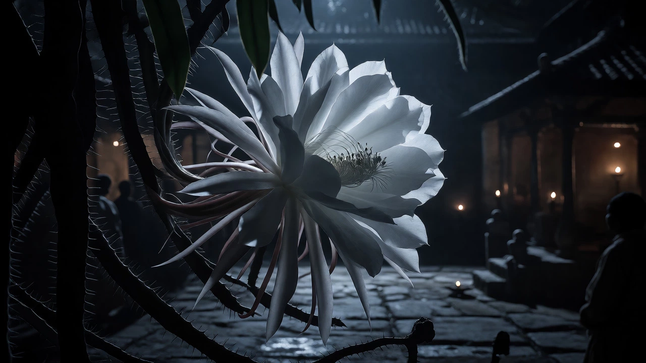 Glowing white Kadupul flower blooming at night in a traditional courtyard