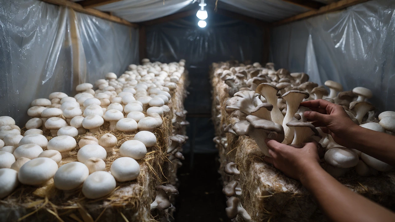 Hands harvesting oyster mushrooms from stacked substrate blocks in an indoor shed