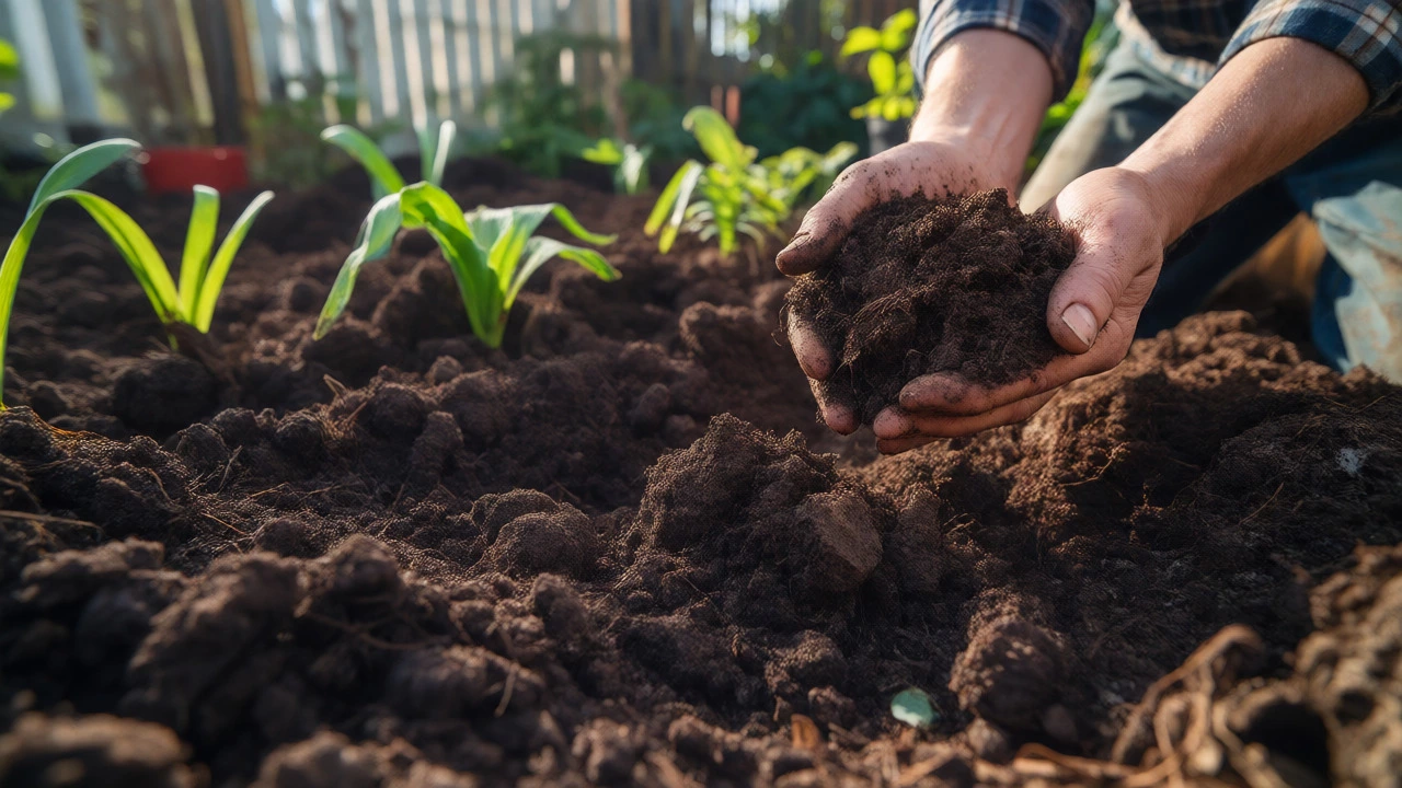 Hands holding rich, dark finished compost above a garden bed
