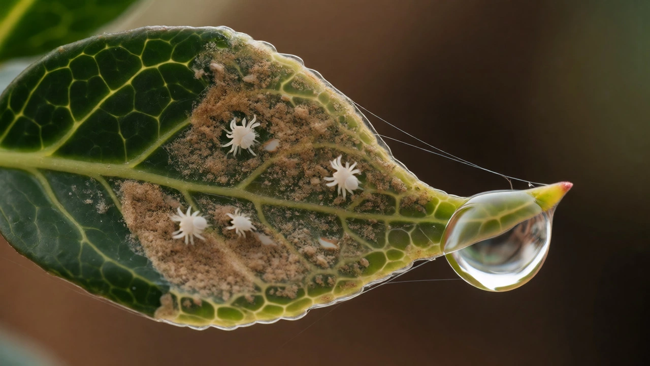 Macro view of spider mites and webbing on the underside of a bonsai leaf near a water drop.