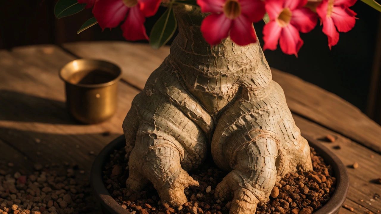Mature Adenium bonsai with thick caudex trunk and red flowers