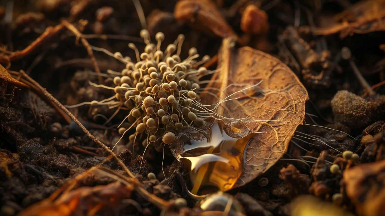 Microscopic view of microbes breaking down damp organic matter
