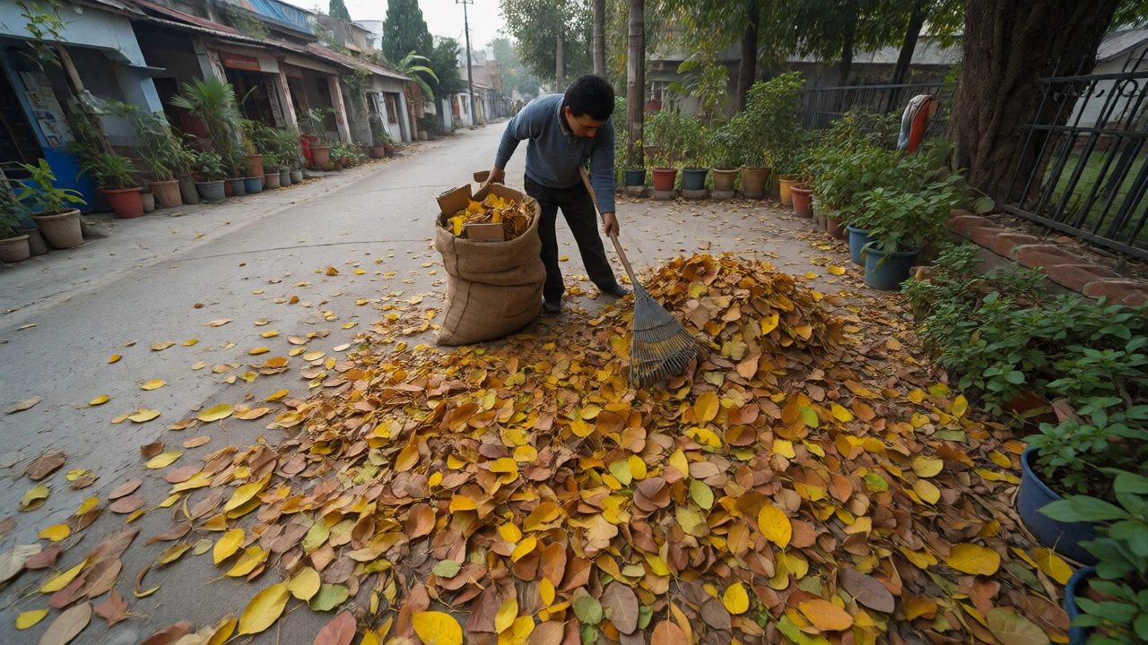 Person collecting free leaves and cardboard for budget gardening