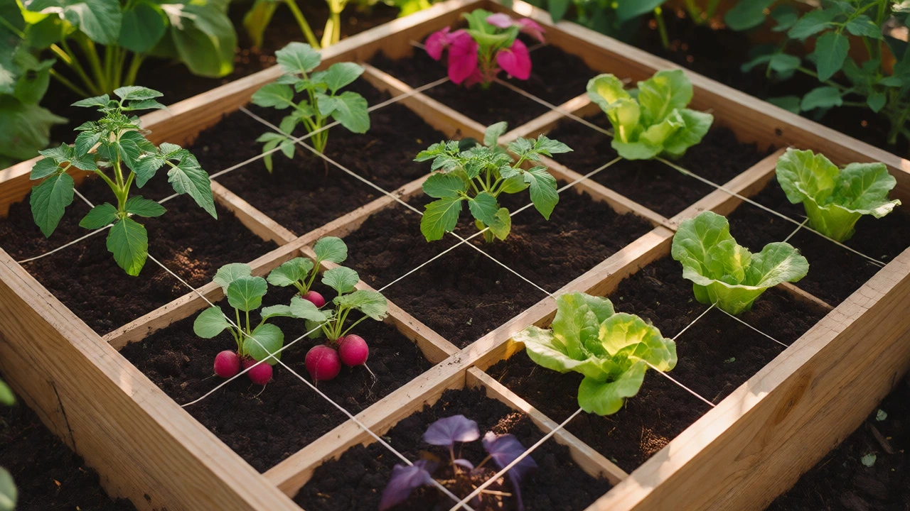 Raised bed garden featuring a square foot grid with various vegetables planted in sections.