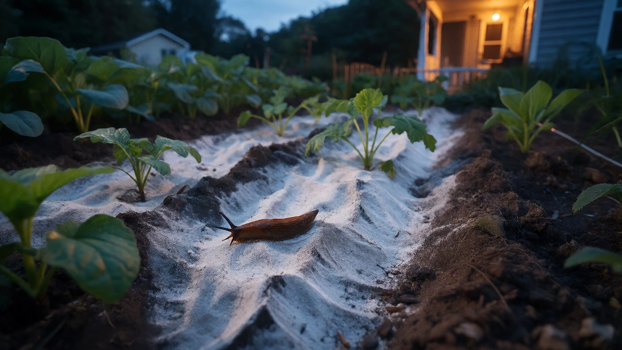Slug crossing a barrier of Diatomaceous Earth in a garden